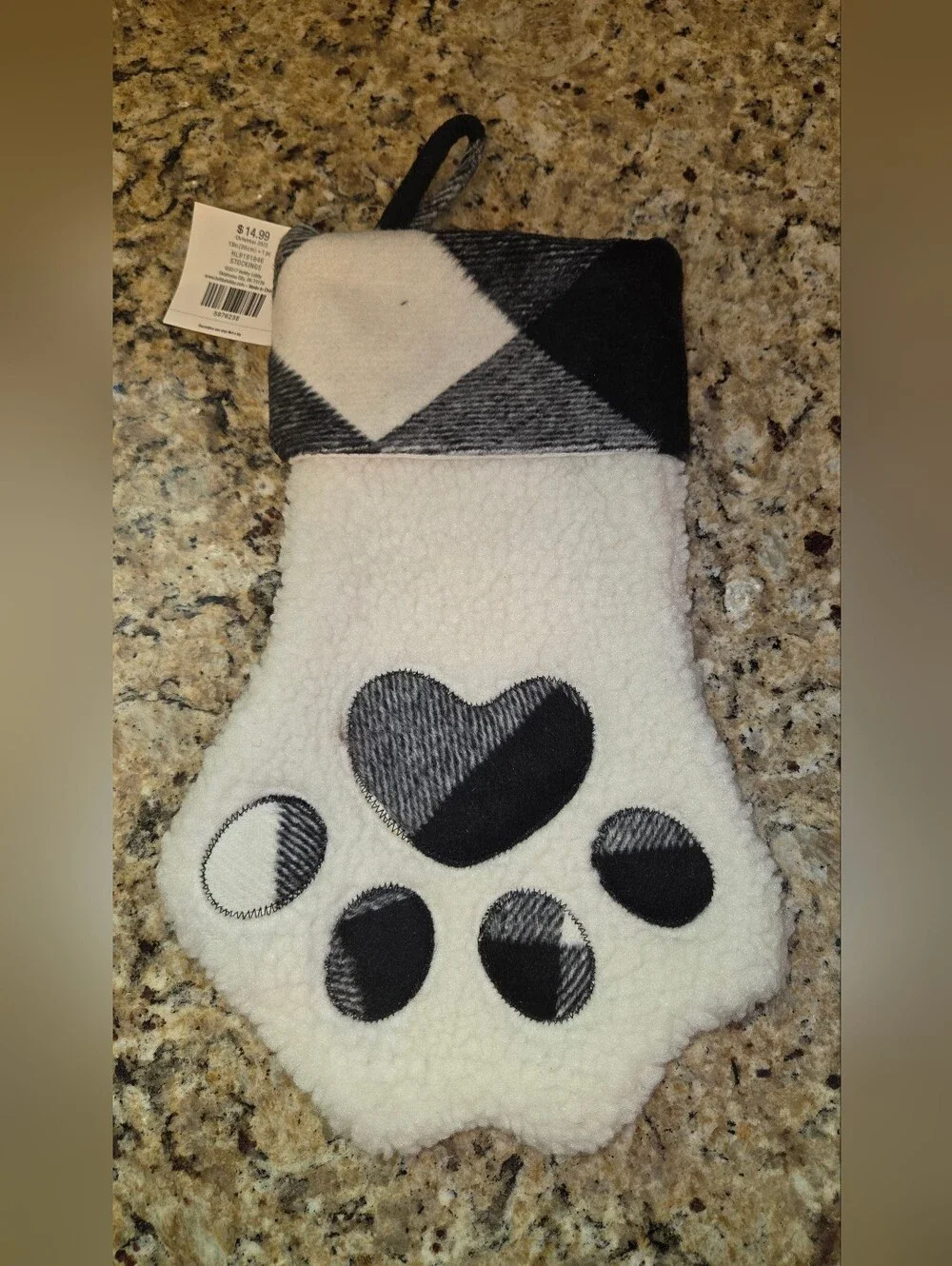 NWT Black and White Plaid Dog Paw Christmas Stocking For Pets